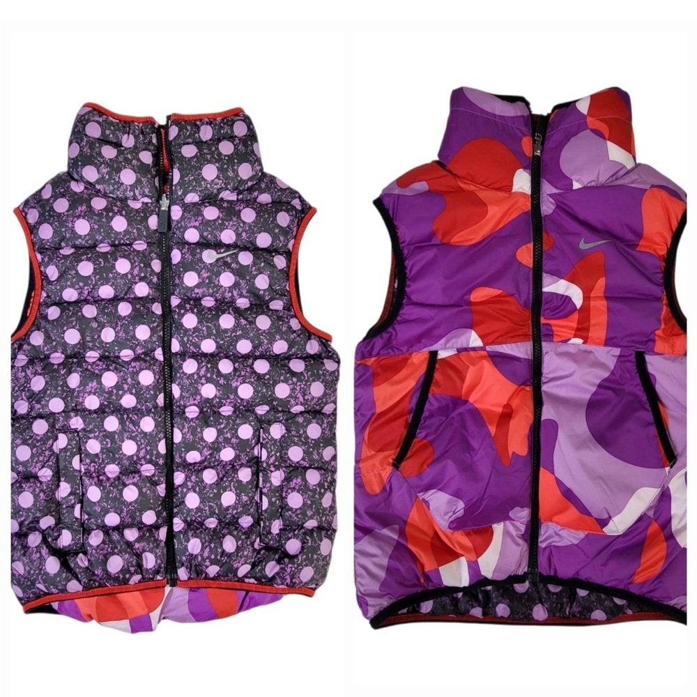 Nike Alliance Girl’s Sz M Reversible Purple Polka Dot Camo Full Zip Puffer Vest